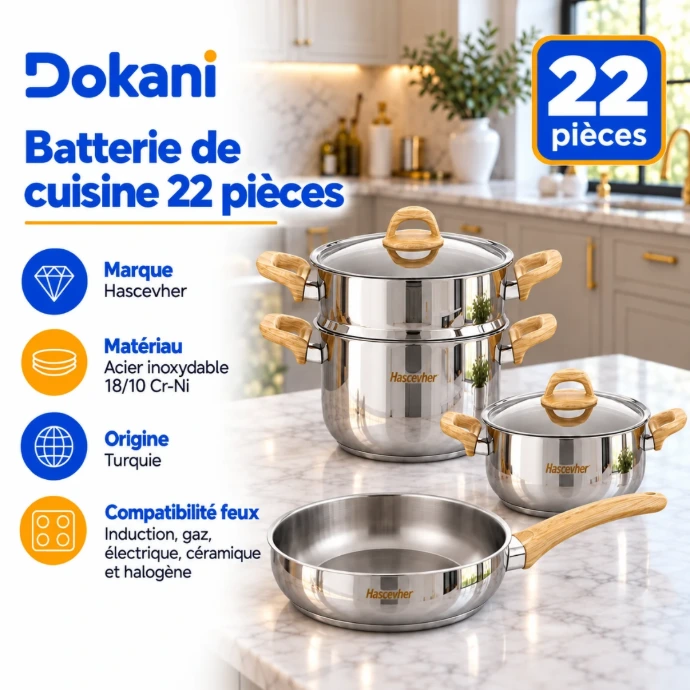 Batterie de cuisine Hascevher en inox 18/10 avec faitouts, poêle, couscoussier, service à café et ustensiles