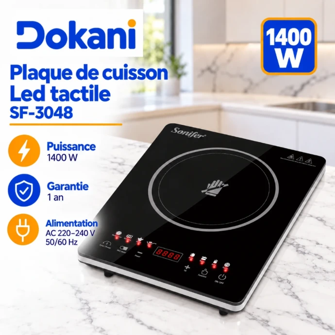 Plaque de cuisson électrique Sonifer SF-3048 1400W avec commandes tactiles LED, minuterie et programmes de cuisson ajustables