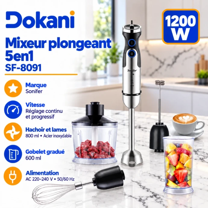 Mixeur plongeant multifonction Sonifer SF-8091 1200W avec hachoir 800 ml, gobelet 600 ml, fouet et mousseur à lait
