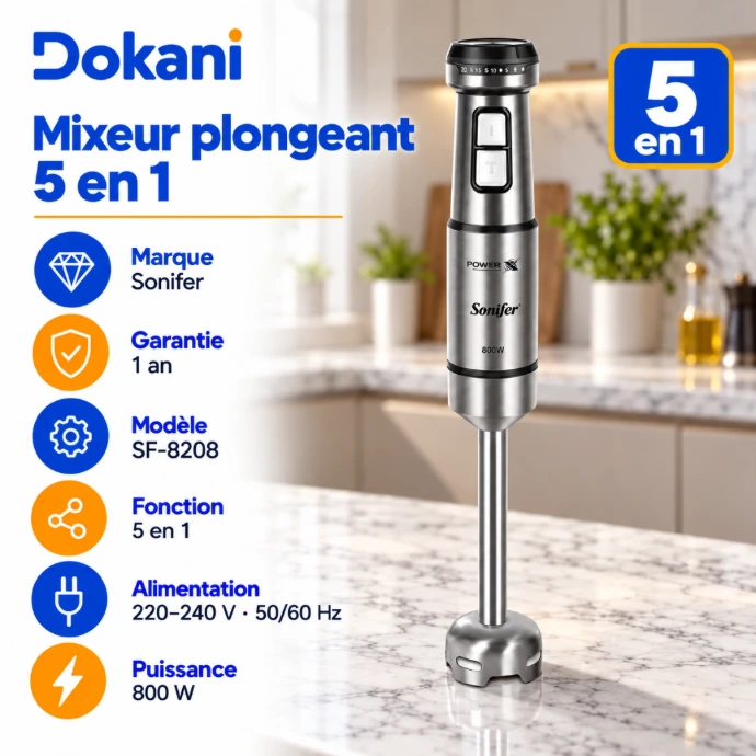 Mixeur plongeant Sonifer SF-8208 5 en 1 800W avec hachoir 600 ml, verre gradué 700 ml, fouet et mousseur à lait