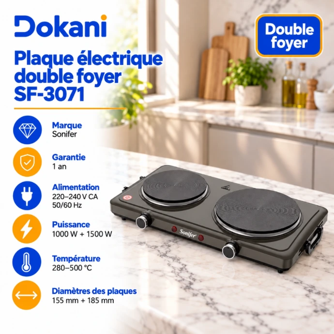 Plaque électrique double foyer Sonifer SF-3071 2500W avec deux plaques chauffantes de 155 et 185 mm et boutons de réglage