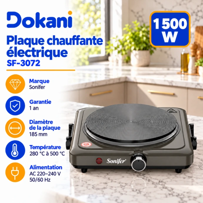 Plaque chauffante électrique Sonifer SF-3072 1500W avec foyer de 185 mm, thermostat à 5 niveaux et poignée de transport
