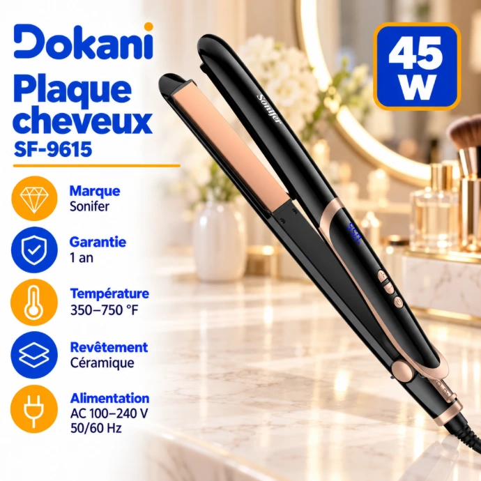 Plaque à cheveux Sonifer SF-9615 noire 45W avec revêtement céramique, affichage numérique et fonction lisseur boucleur 2 en 1