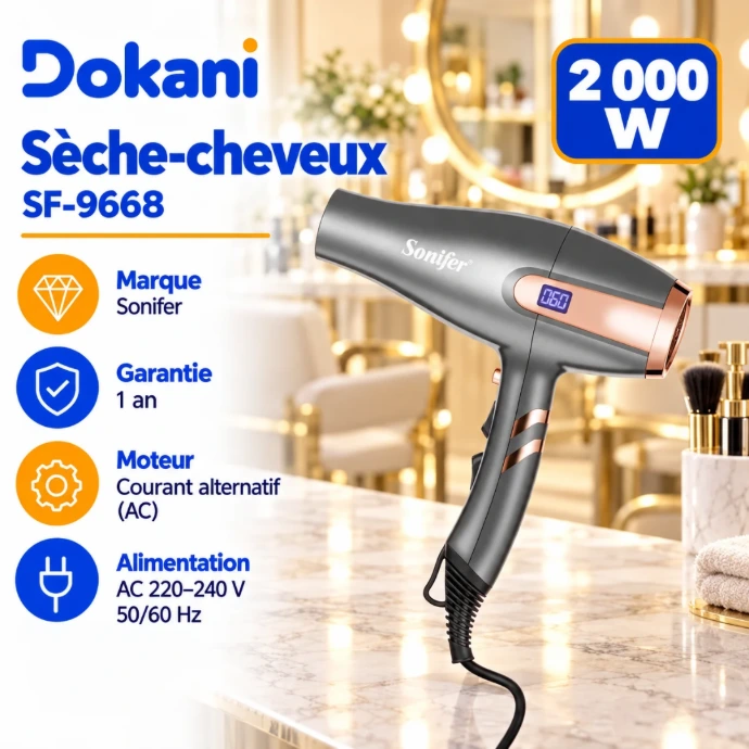Sèche-cheveux professionnel Sonifer SF-9668 2000W avec écran LED, fonction air froid et deux embouts concentrateurs