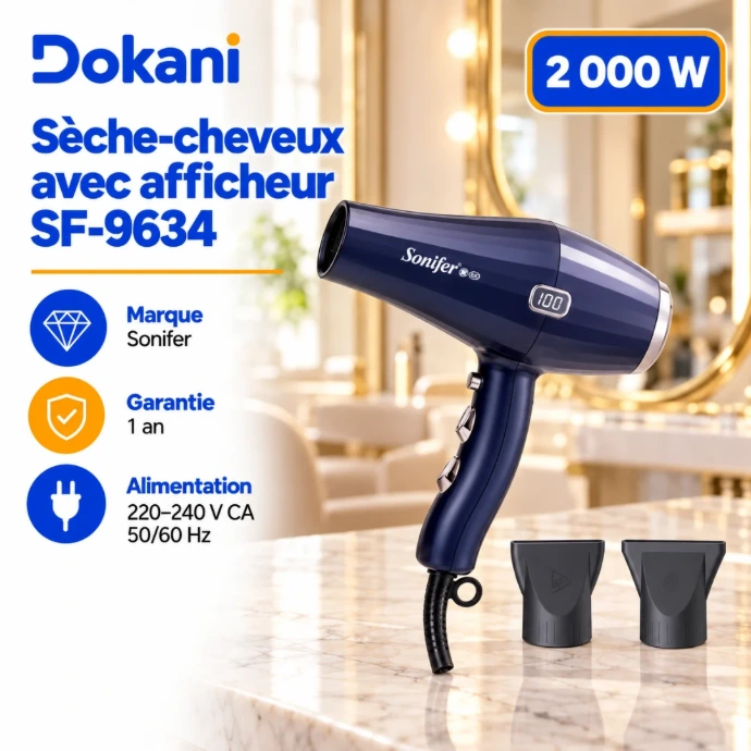 Sèche-cheveux Sonifer SF-9634 2000W avec afficheur LED de température, fonction air froid et deux buses de coiffage