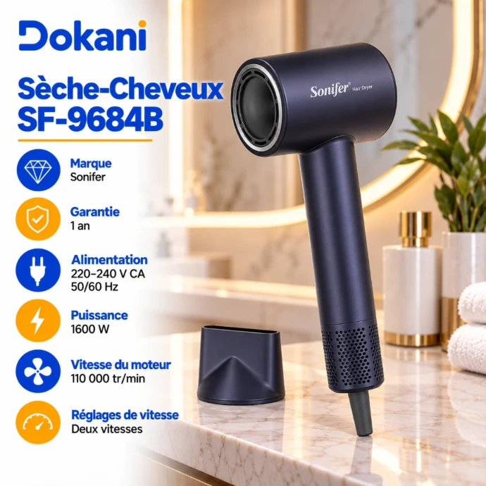 Sèche-cheveux haute vitesse Sonifer SF-9684B 1600W avec moteur sans balais 110 000 RPM, buse magnétique et fonction ionique