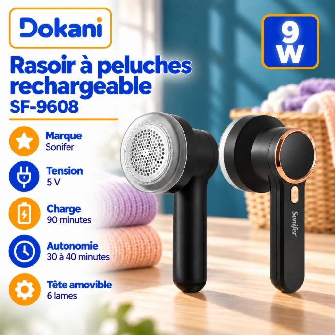 Rasoir à peluches rechargeable Sonifer SF-9608 noir 9W avec tête à 6 lames, câble USB, tête de rechange et pinceau de nettoyage