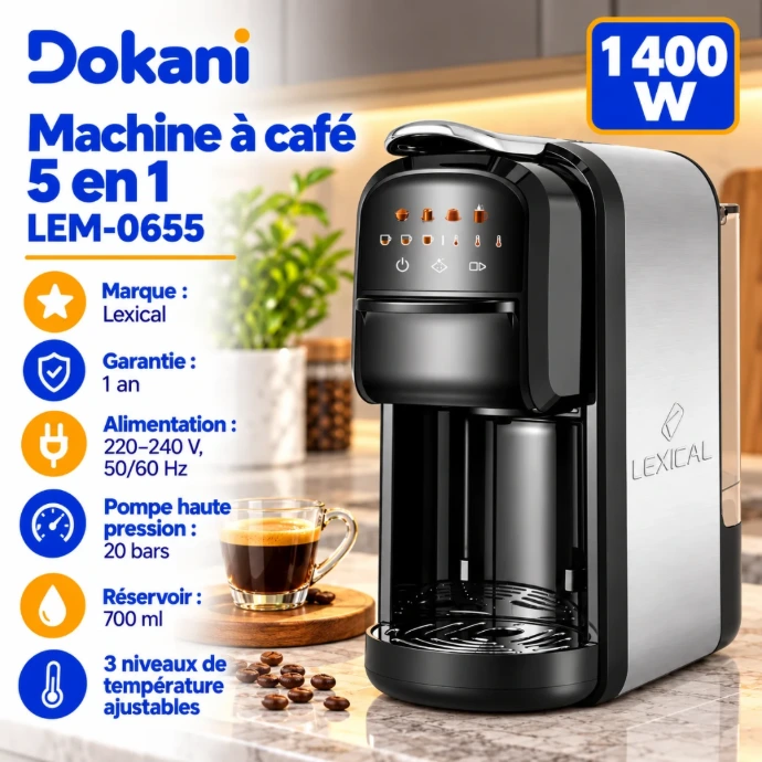 Machine à café expresso Lexical LEM-0655 5 en 1 1400W avec écran tactile LED, réservoir 700 ml et adaptateurs Nespresso Dolce Gusto ESE
