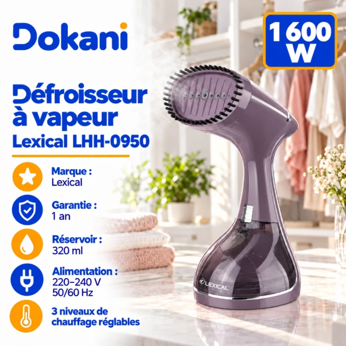 Défroisseur à vapeur portable Lexical LHH-0950 violet 1600W avec réservoir 320 ml, écran tactile LED et brosse pour tissu