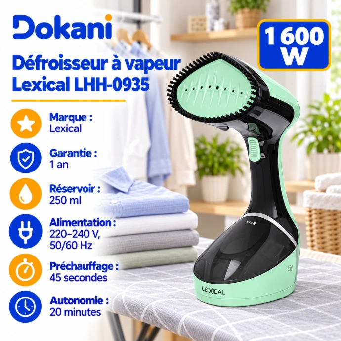 Défroisseur à vapeur Lexical LHH-0935 vert 1600W avec réservoir 250 ml, voyant lumineux et brosse pour tissu