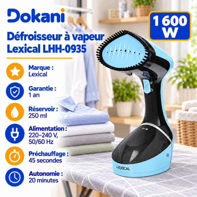 Défroisseur à vapeur Lexical LHH-0935 bleu 1600W avec réservoir 250 ml, voyant lumineux et brosse pour tissu