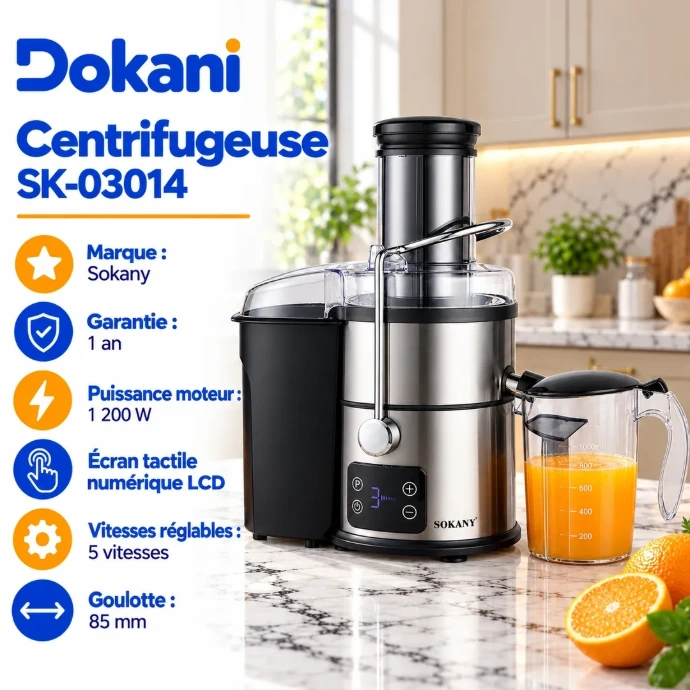 Centrifugeuse Sokany SK-03014 1200W avec écran tactile LCD, 5 vitesses, goulotte XXL 85 mm, récipient 1 L et collecteur 2,5 L. Garantie 1 an.