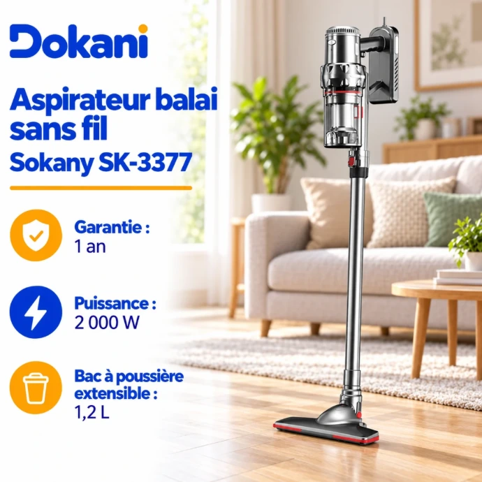 Aspirateur balai sans fil Sokany SK-3377 avec réservoir 1,2 L, batterie rechargeable 2000 mAh et support mural