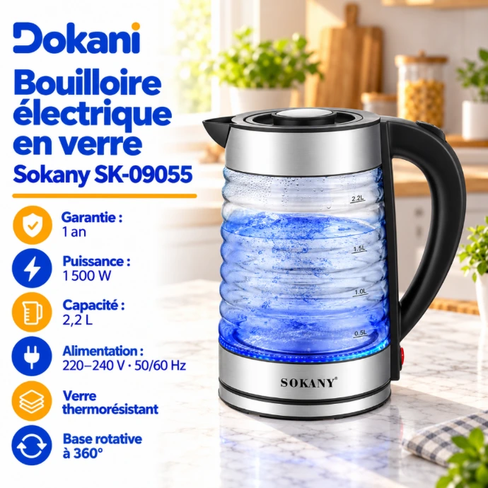 Bouilloire électrique en verre Sokany SK-09055 2,2 L 1500W avec socle pivotant à 360°, poignée noire et témoin lumineux