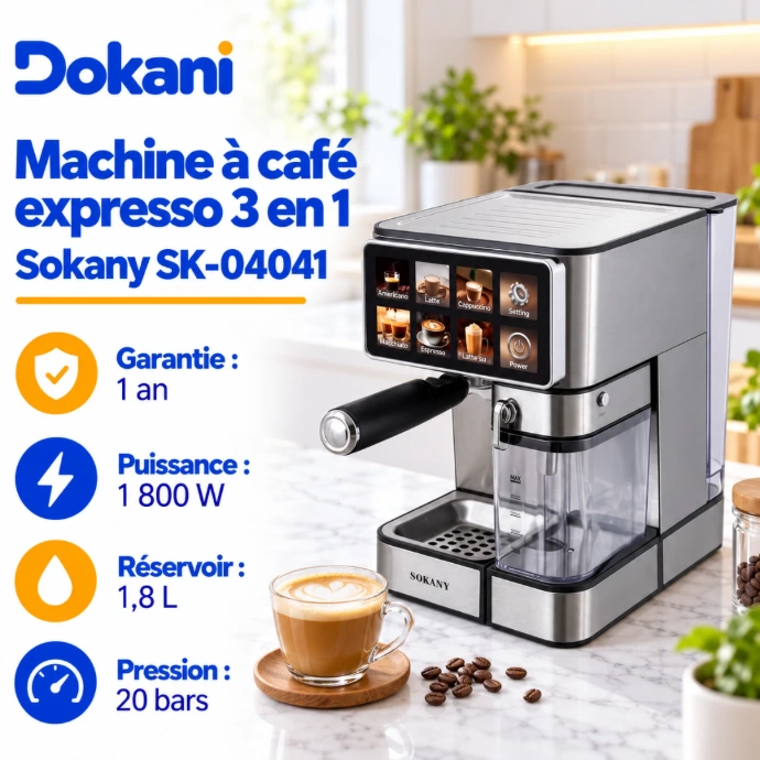 Machine à café expresso Sokany SK-04041 3 en 1 1800W avec pompe 20 bars, réservoir d'eau 1,8 L et réservoir à lait intégré