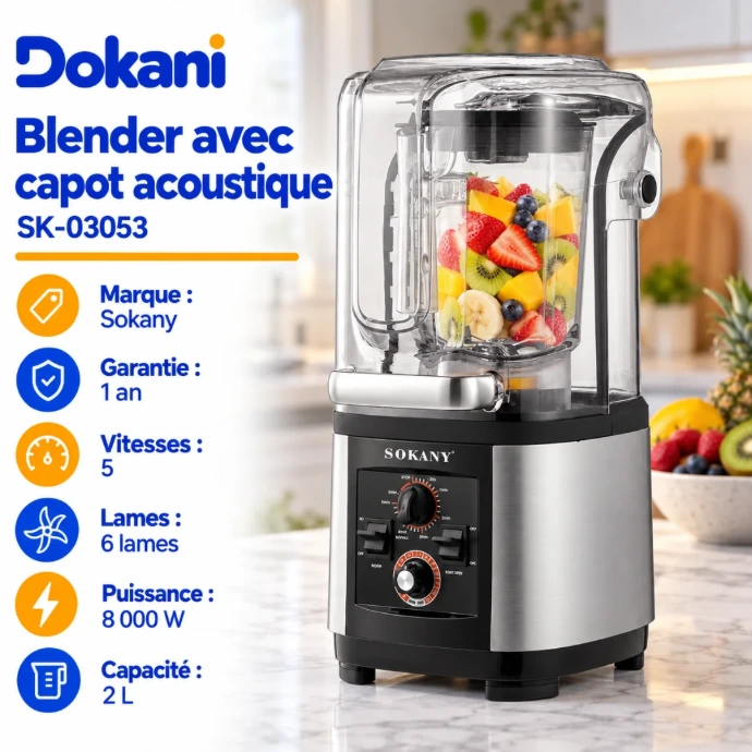 Blender Sokany SK-03053 avec capot acoustique, bol de 2 litres, 6 lames et commandes manuelles de vitesse