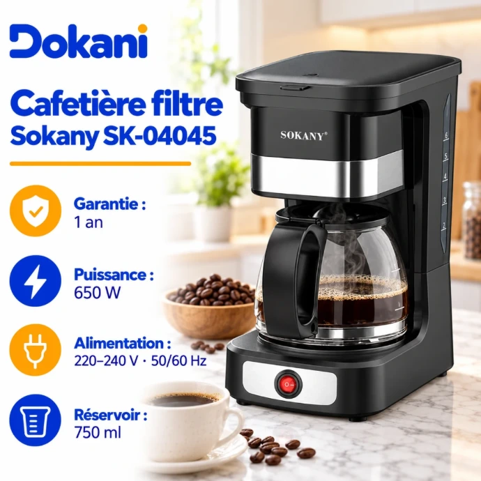Cafetière filtre Sokany SK-04045 650W avec verseuse en verre de 750 ml, filtre permanent lavable et plaque de maintien au chaud