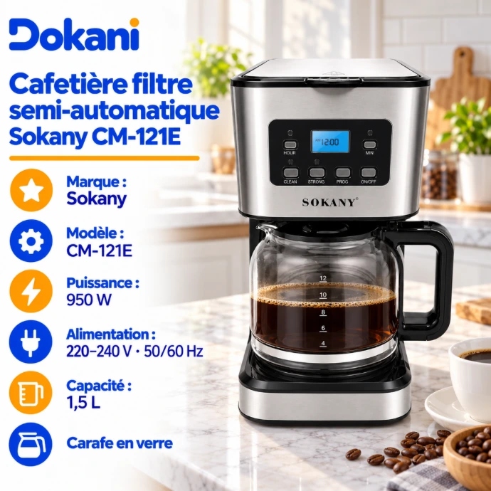 Cafetière filtre semi-automatique Sokany CM-121E 950W noir et argent avec verseuse en verre de 1,5 L et plaque de maintien au chaud