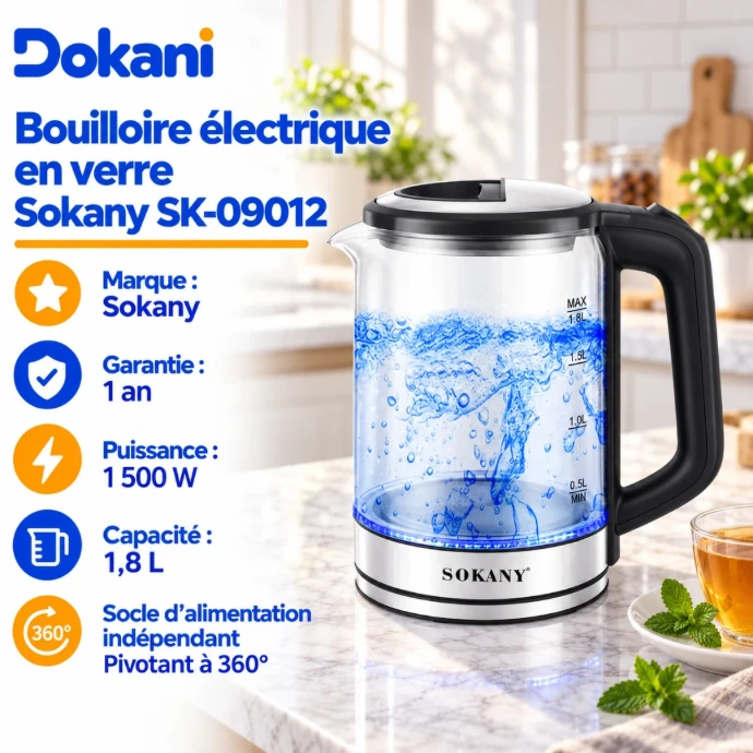 Bouilloire électrique en verre Sokany SK-09012 1,8 L 1500W avec contour en acrylique, fond inox et socle pivotant à 360°