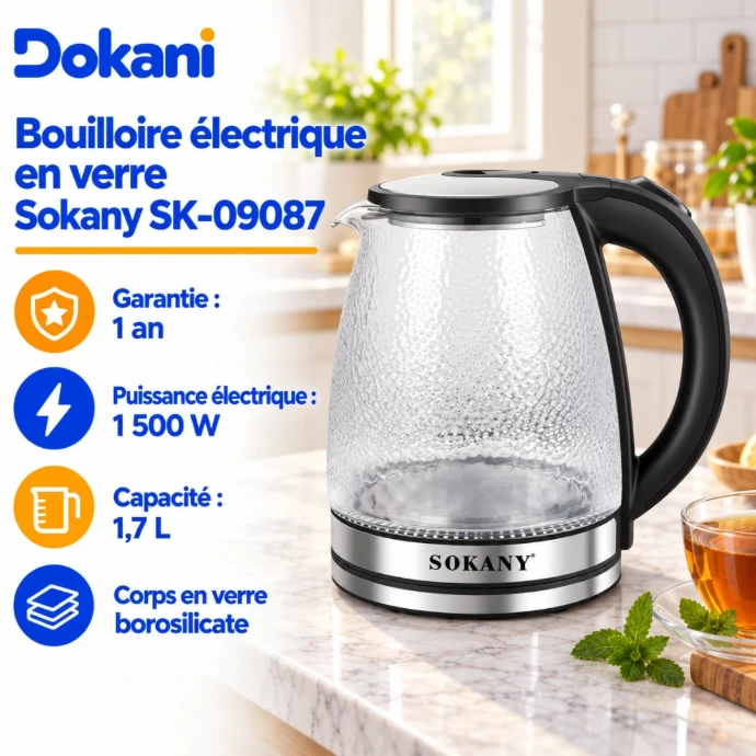 Bouilloire électrique en verre Sokany SK-09087 1,7 L 1500W avec fond en acier inoxydable, socle rotatif et interrupteur lumineux