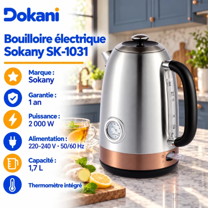 Bouilloire électrique vintage Sokany SK-1031 1,7 L 2000W en acier inoxydable avec thermomètre analogique en façade et socle rotatif à 360°