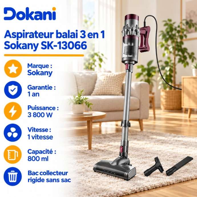 Aspirateur balai 3 en 1 Sokany SK-13066 avec réservoir sans sac de 800 ml, aspiration annoncée de 25 kPa et câble de 5 mètres