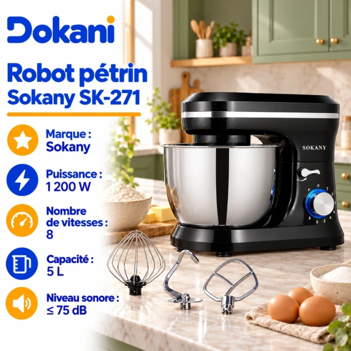 Robot pétrin pâtissier Sokany SK-271 noir et argent 1200W avec bol inox 5 litres, 8 vitesses, crochet pétrisseur, batteur plat et deux fouets