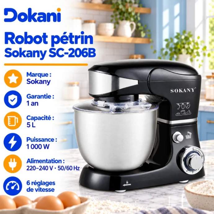 Robot pétrin pâtissier Sokany SC-206B noir 1000W avec bol inox 5 litres, 6 vitesses, crochet pétrisseur, batteur plat et fouet métallique