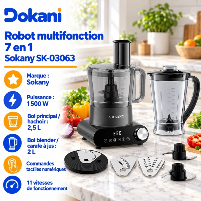 Robot multifonction Sokany SK-03063 7 en 1 1500W avec bol de préparation 2,5 L, blender 2 L et panneau tactile numérique