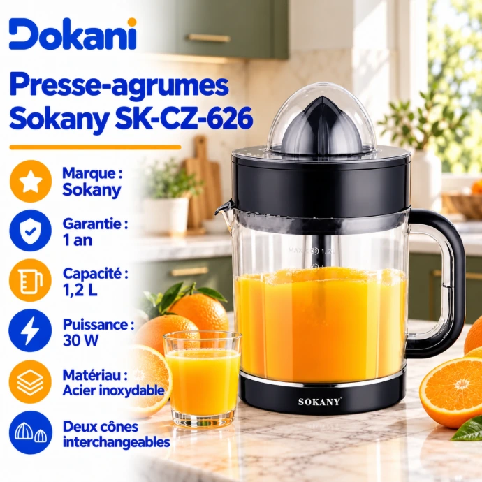 Presse-agrumes électrique Sokany SK-CZ-626 noir 30W avec réservoir transparent gradué de 1,2 L et deux cônes pour agrumes