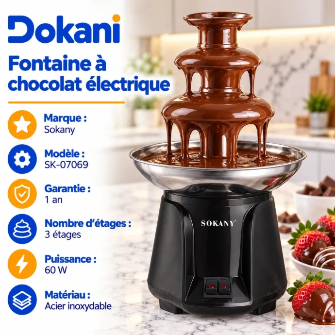 Fontaine à chocolat électrique Sokany SK-07069 60W en acier inoxydable avec cascade de chocolat fondu sur trois étages