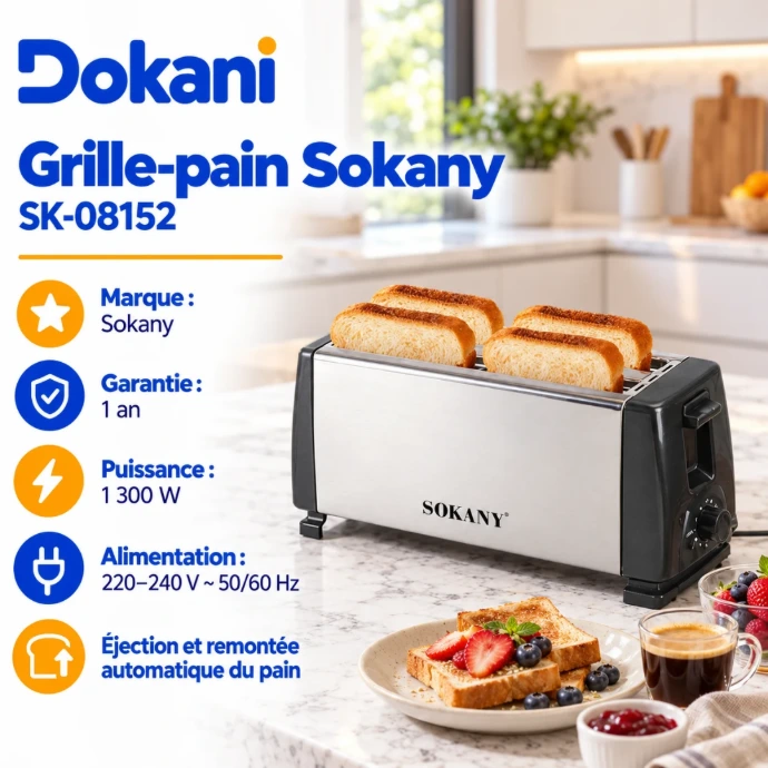 Grille-pain électrique Sokany SK-08152 1300W à fente longue avec levier ergonomique, réglage du brunissage et tiroir ramasse-miettes