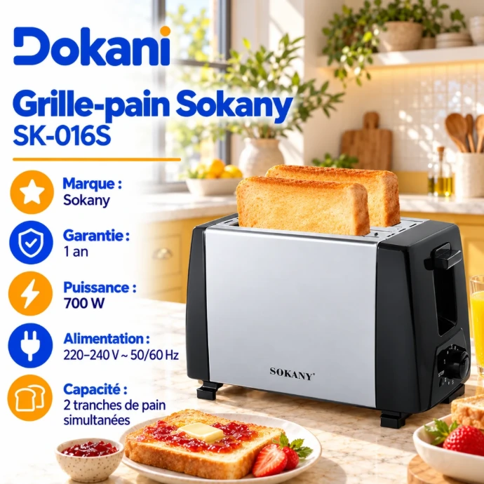Grille-pain électrique Sokany SK-016S 700W avec deux fentes larges, brunissage réglable, bouton d'annulation et ramasse-miettes amovible