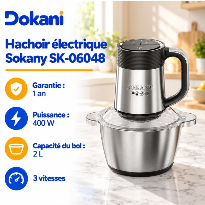 Hachoir électrique Sokany SK-06048 400W avec bol en acier inoxydable de 2 litres pour hacher viande et légumes