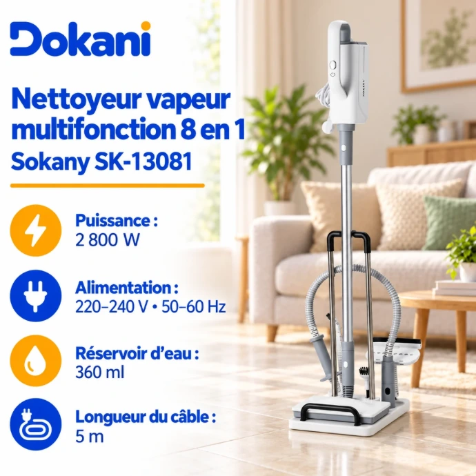 Nettoyeur vapeur multifonction Sokany SK-13081 8 en 1 2800W avec réservoir d'eau de 360 ml et câble électrique de 5 mètres