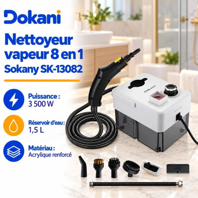 Nettoyeur vapeur multifonction Sokany SK-13082 8 en 1 3500W avec réservoir d'eau de 1,5 L et six accessoires de nettoyage