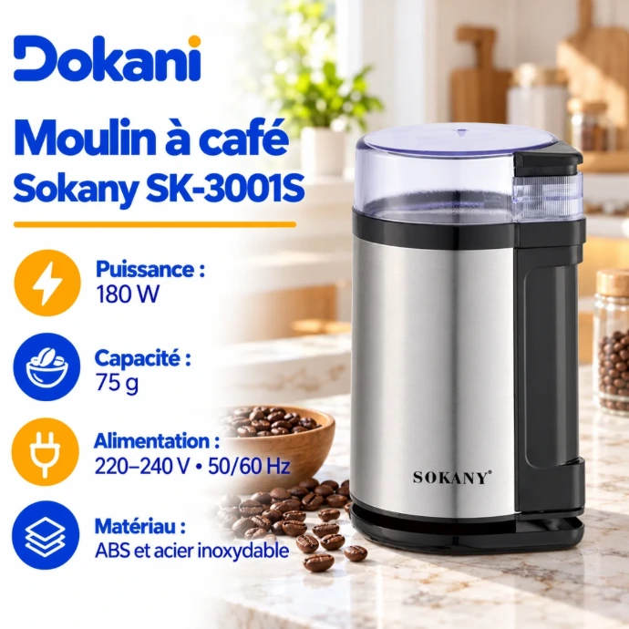 Moulin à café électrique Sokany SK-3001S 180W avec capacité de 75 g et deux lames en acier inoxydable pour café et épices