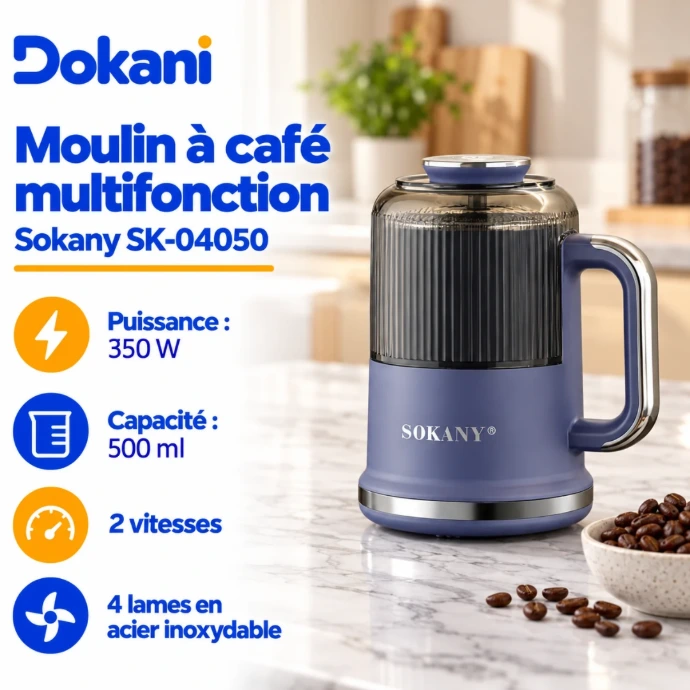 Moulin à café multifonction Sokany SK-04050, 350 W, capacité de 500 ml, 2 vitesses et 4 lames en acier inoxydable, présenté dans une cuisine marbrée avec le logo Dokani.