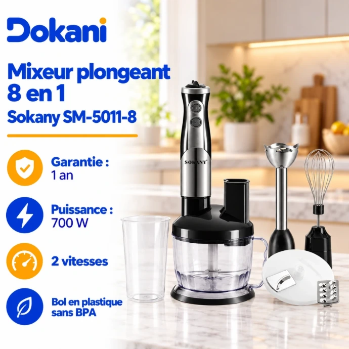 Mixeur plongeant multifonction Sokany SM-5011-8 700W avec bol hachoir 700 ml, verre doseur 500 ml et pied en acier inoxydable