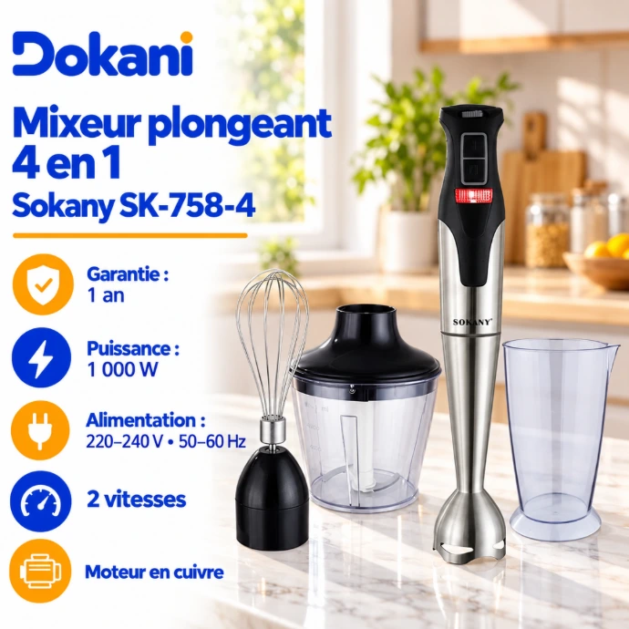 Mixeur plongeant multifonction Sokany SK-758-4 1000W avec pied inox à 4 lames, bol hachoir 800 ml, fouet et verre doseur 800 ml