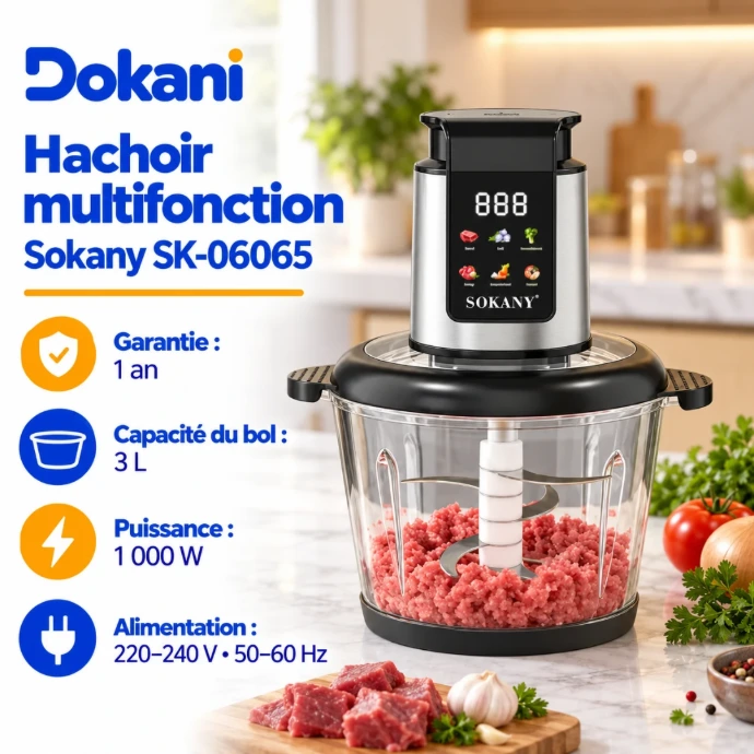 Hachoir électrique multifonction Sokany SK-06065 1000W avec bol en acier inoxydable de 3 litres, 6 lames et accessoire éplucheur d'ail