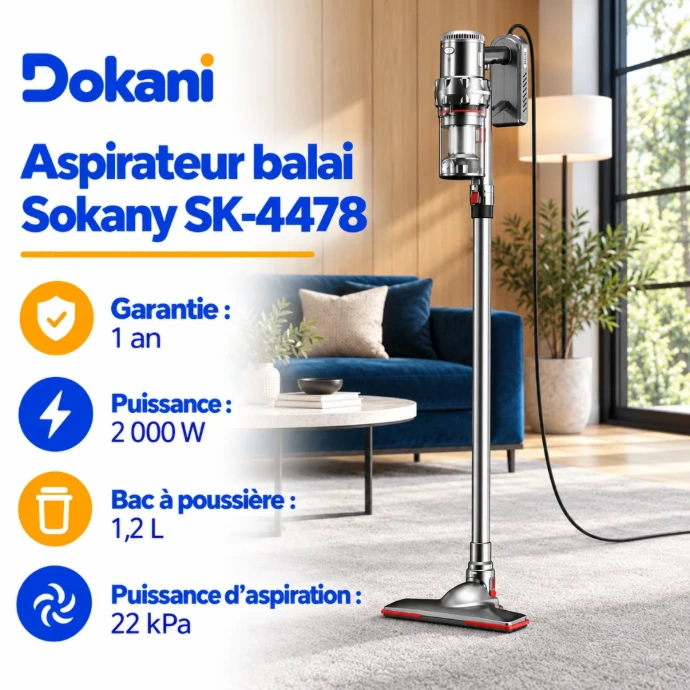 Aspirateur balai Sokany SK-4478 2000W avec bac à poussière de 1,2 L, aspiration 22 kPa et fonction serpillière avec réservoir d'eau