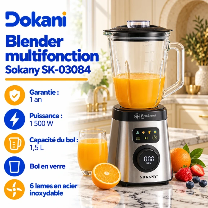 Blender multifonction Sokany SK-03084 1500W avec bol en verre de 1,5 litre, six lames en acier inoxydable et moulin à café inclus