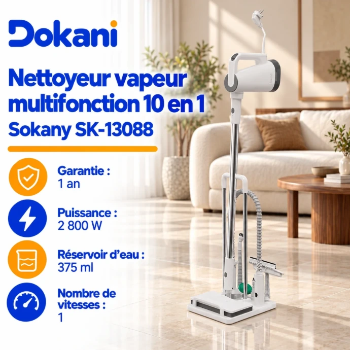 Nettoyeur vapeur multifonction Sokany SK-13088 2800W avec réservoir d'eau de 375 ml, dix accessoires interchangeables et base de rangement