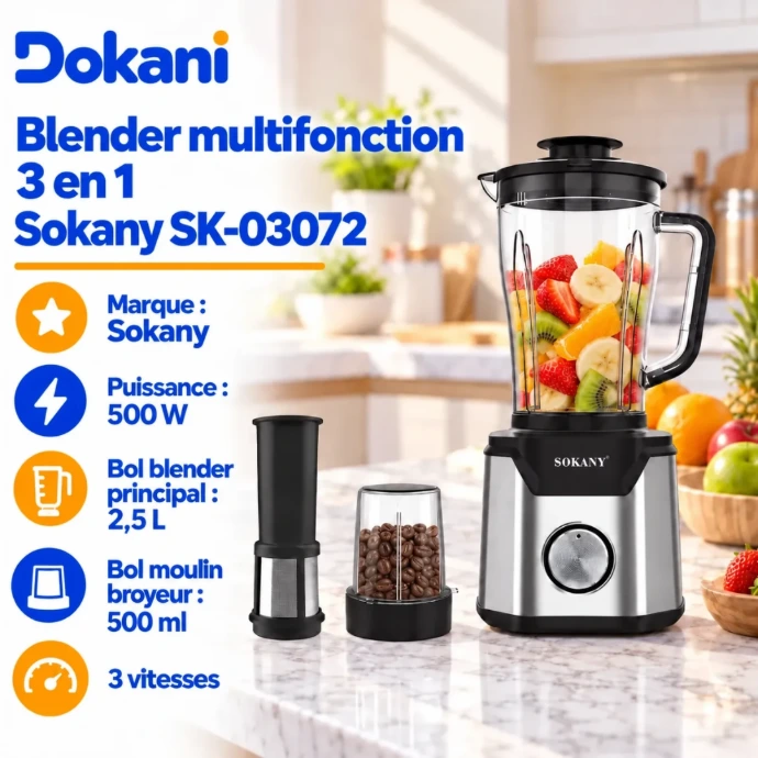 Blender multifonction Sokany SK-03072 1000W avec bol transparent de 2,5 L, moulin broyeur 500 ml et filtre interne