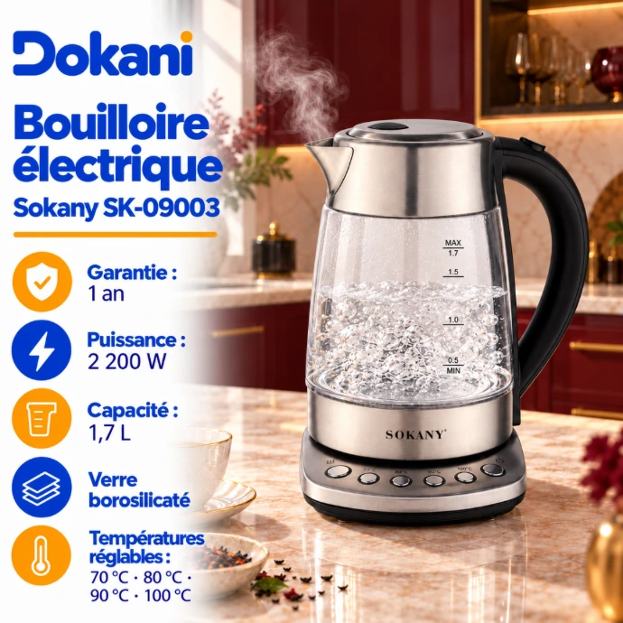 Bouilloire électrique en verre Sokany SK-09003 2200W avec capacité 1,7 litre, quatre températures réglables et socle pivotant à 360°