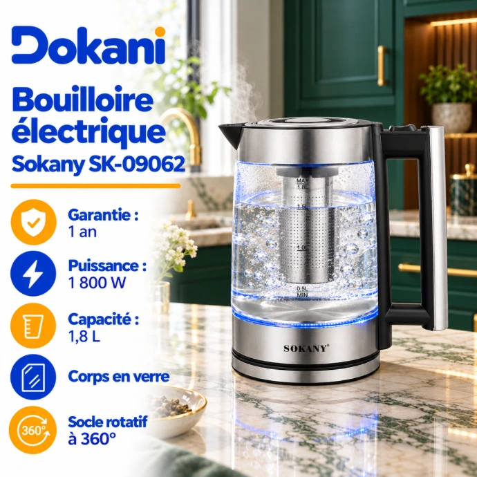 Bouilloire électrique en verre Sokany SK-09062 1800W avec capacité 1,8 litre, filtre à infusions amovible, éclairage LED et socle rotatif à 360°