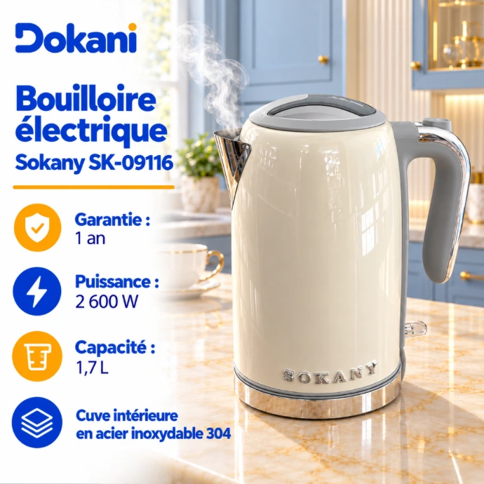 Bouilloire électrique Sokany SK-09116 beige 2600W avec capacité de 1,7 litre, cuve intérieure en acier inoxydable 304 et poignée ergonomique