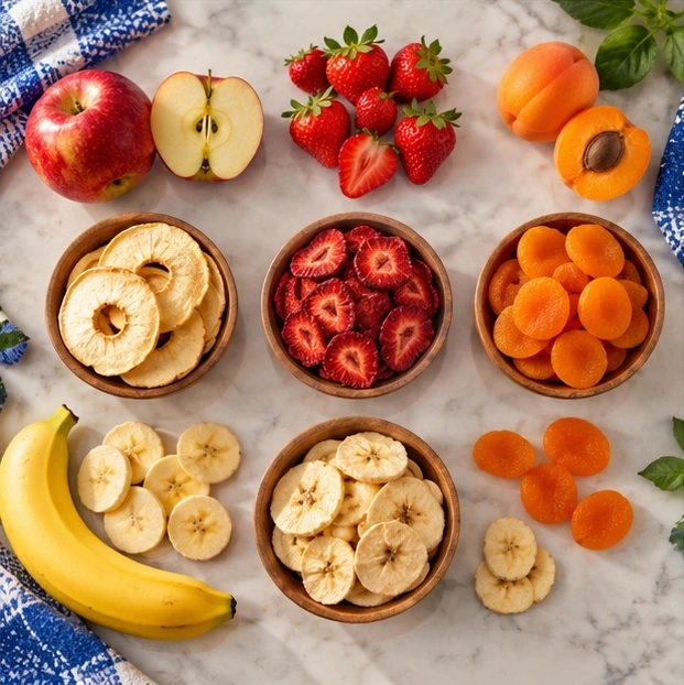 Pommes, fraises, abricots et bananes frais et séchés présentés sur un plan de travail en marbre.