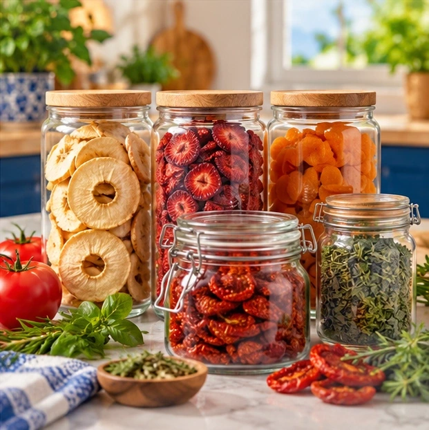 Bocaux en verre contenant des fruits séchés, des tomates déshydratées et des herbes aromatiques.